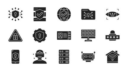 Technology AI thin line icon set. Containing tech shield, data protect, vpn shield, file protection, eye scanning