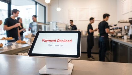 A customer encounters a payment issue at a cafe, where a digital screen displays "Payment Declined" amid busy staff and patrons.