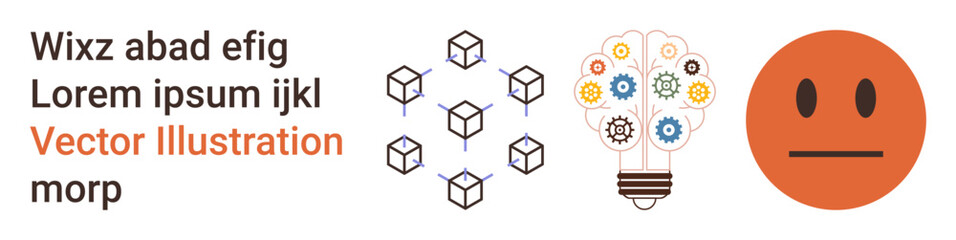 Technology, innovation, blockchain, emotions, creativity, digital concepts. ion of blockchain cubes, lightbulb with gears and neutral face. Blockchain and creativity visually explored © robu_s