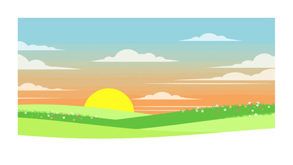 Obraz premium Serene Sunrise Landscape Vector Illustration. Colorful Meadow with Flowers and Rolling Hills at Dawn. Scenic Nature Background, isolated on transparent background.