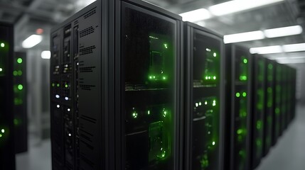 Server room with green lights.