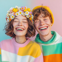 Young couple joyfully laughing together with eyes closed against a vibrant pastel background, celebrating friendship, spring, and the carefree essence of youth