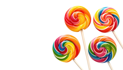 Four vibrantly colored spiral candies on sticks, set against a stark black backdrop. Close up shot