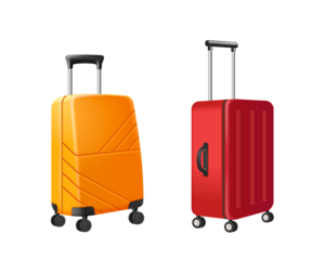 Two modern wheeled suitcases, one orange and one red, with retractable handles, displayed side-by-side, isolated on transparent background.