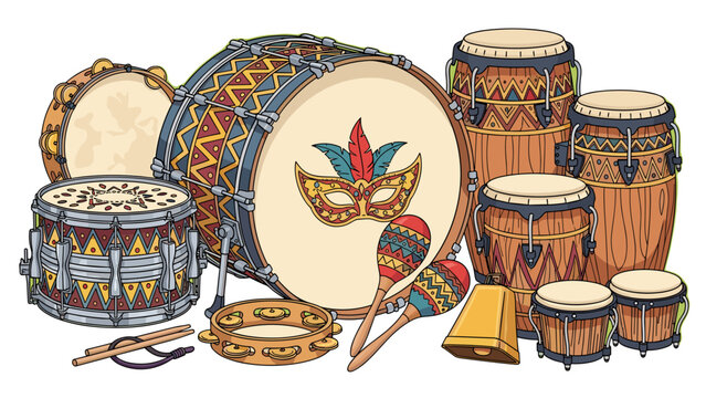 Cartoon Carnival Percussion Instruments: Samba Drums, Maracas, Cowbell, Tambourine, Mask, Colorful and Festive. Vector illustration isolated on transparent background.