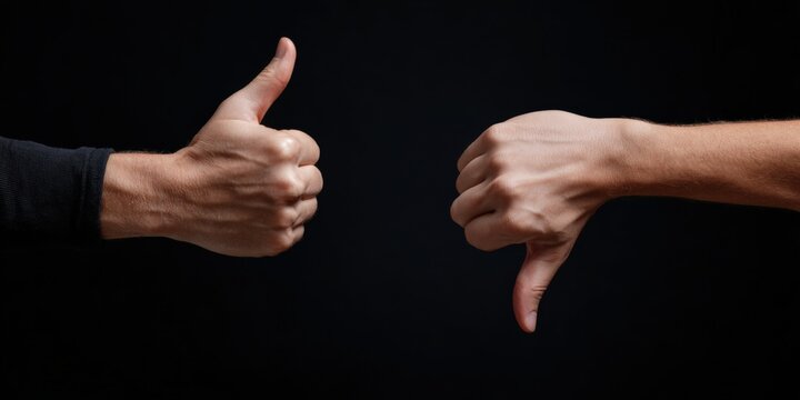 Contrasting thumbs: positive and negative hand gestures on black background