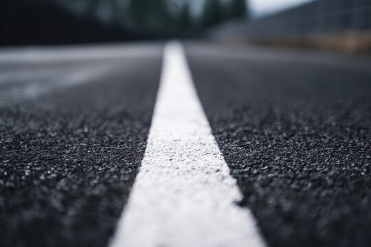 Close-up of road markings: white line on asphalt surface