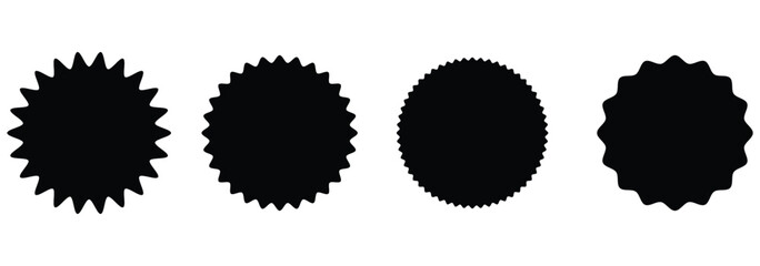 Set of four black star icons. Each star icon is unique. Black star designs vary in shape. Simple black star graphics for decoration or design. Festive
