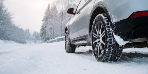 Suv with winter tires on snowy road in serene winter landscape