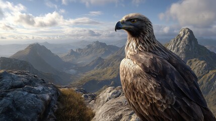 Fototapeta premium A powerful, super realistic medium close-up of a majestic eagle (e.g., a Golden Eagle or Bald Eagle) perched regally on a rugged rocky mountain outcrop.