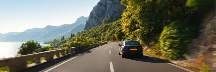 Scenic coastal drive along mountain road with black car and ocean view