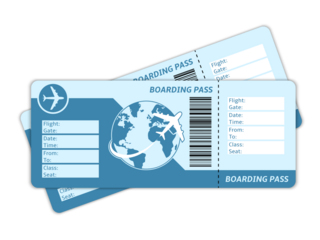 Two stylized airplane boarding pass tickets with a globe and airplane graphic, isolated on transparent background, representing travel and journeys.