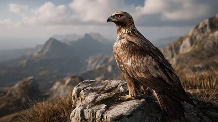 Fototapeta premium A powerful, super realistic medium close-up of a majestic eagle (e.g., a Golden Eagle or Bald Eagle) perched regally on a rugged rocky mountain outcrop.