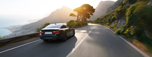 Sleek black car on scenic winding mountain road at sunset