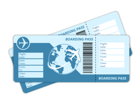 Two stylized airplane boarding pass tickets with a globe and airplane graphic, isolated on transparent background, representing travel and journeys. - Powered by Adobe