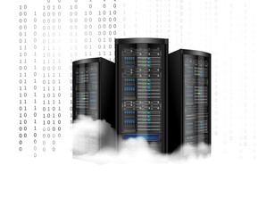 Modern server racks with glowing blue lights and binary code streams, representing cloud computing and data storage, isolated on transparent background.