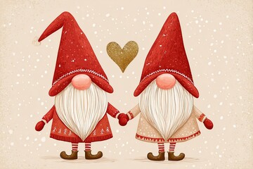 Two whimsical gnomes in red hats and cozy outfits are holding hands, surrounded by falling snowflakes and a golden heart, capturing the essence of love and holiday spirit