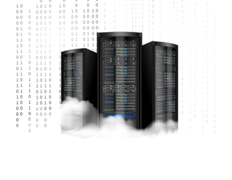 Modern server racks with glowing blue lights and binary code streams, representing cloud computing and data storage, isolated on transparent background. - Powered by Adobe