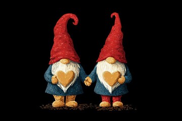 Two whimsical gnomes in red hats and cozy outfits are holding hands, surrounded by falling snowflakes and a golden heart, capturing the essence of love and holiday spirit
