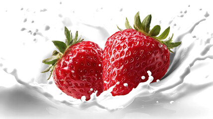 Two strawberries falling into milk