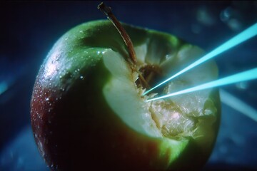 A partially eaten apple has light beams cutting through it, dark and cold colors
