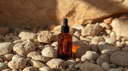 Essential oil bottle on rocky surface