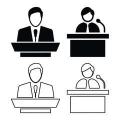 Public Speaking and Presentation Icon Set Speaker at Podium Silhouette and Outline Vector Illustration