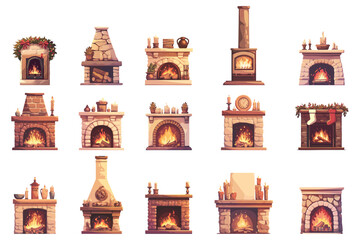 Fototapeta premium Cartoon set of cozy stone fireplaces with burning fire, home interior, stove, chimney, firewood, winter atmosphere, home heating, vector illustration