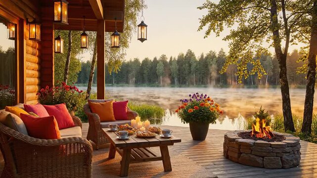 Cozy morning breakfast setting on a luxury lake house patio with fire pit, mist rising over the water at sunrise, offering a perfect rustic retreat experience.