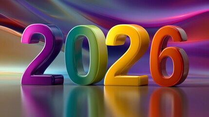 3D text 2026 new year number in bold modern typography, vibrant gradient colorful.