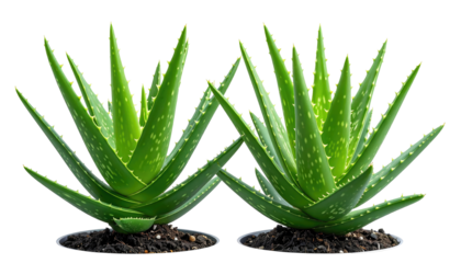 Two aloe vera plants, vibrant green, isolated on a transparent background, showcasing their succulent leaves and spiky edges