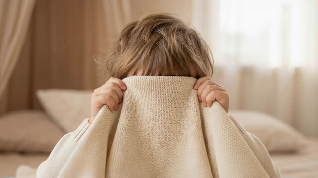 Shy young child hiding face behind cozy blanket in soft beige bedroom interior with warm natural light and playful atmosphere