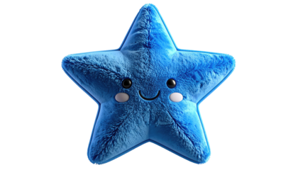 A fluffy, five-pointed blue star, smiling with black eyes and rosy cheeks against a black backdrop, rendered in detail