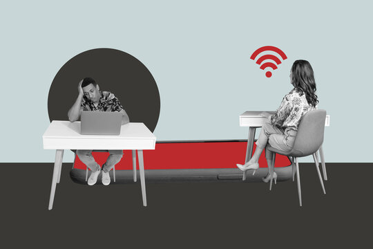 Full image pop 3d collage poster of happy business partners stand wifi waves icon fast 5g network connection web hotspot - Powered by Adobe