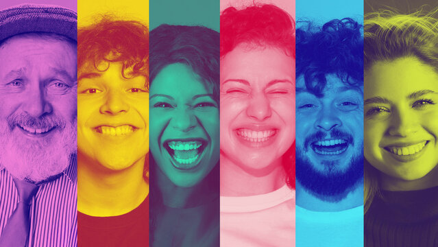 Collage of smiling diverse multicultural people faces in vibrant duotone colors. Concept of diversity marketing, inclusion campaigns, employer branding, social media banners, modern web design.