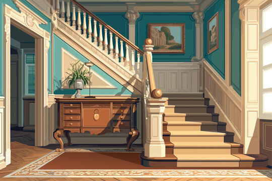 Luxury cartoon hall of a rich house with an elegant old classic staircase, vintage furniture, stucco and paintings, wooden floor, palace, manor, vector illustration
