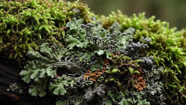 Underwater or moist environment perspective, highlighting submerged or dew covered lichen, revealing its resilience and unique appearance in damp conditions.