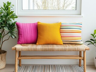 Bamboo bench with woven seat, styled with colorful throw pillows, placed near a glass window, modern cozy decor style