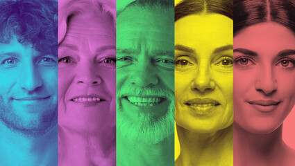 Colorful collage smiling people of different ages in vertical panels. Concept of age diversity...