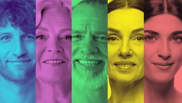 Colorful collage smiling people of different ages in vertical panels. Concept of age diversity advertising for corporate branding, HR campaigns, social communication and modern digital marketing.