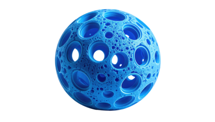 A 3D render of a round, blue object riddled with varying sized holes across its surface, isolated on a black background