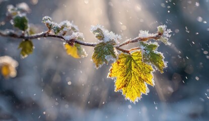 Close-up of frost-covered leaves on a branch, illuminated by sunbeams