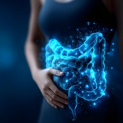 Stomach health concept, Woman hand on belly for healthy probiotic microflora with probiotic, bowel, healthy, health, stomach,  microflora