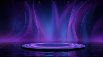 Dramatic Purple Lighting on Stage with Reflections and Soft Waves Creating an Atmosphere of Mystery and Anticipation for Performance Events