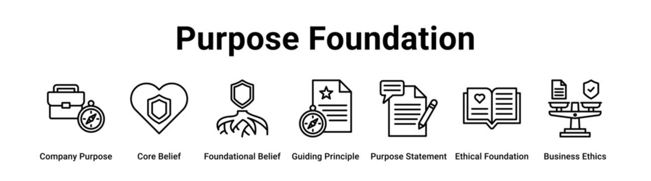Purpose Foundation web banner icon vector illustration concept for business with icon of Company Purpose, Core Belief, Foundational Belief, Guiding Principle, Purpose Statement, Ethical Foundation.