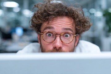 Man with wide eyes and curly hair peeking over a screen, showing surprise