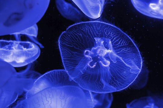 Jellyfish, moon jellyfish (Aurelia aurita) in the Ozeaneum, Hanseatic city of Stralsund, Mecklenburg-Western Pomerania, Germany