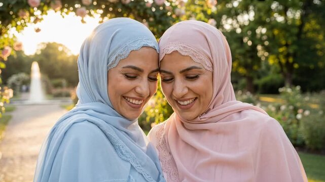 Two smiling women in pastel hijabs sharing a joyful moment together outdoors beneath a blooming floral arch in a sunlit garden