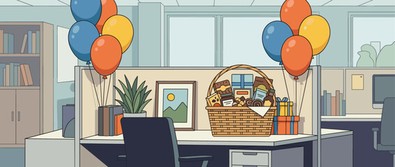 Wicker gift basket full of snacks and presents with colorful balloons decorates an empty office desk for a corporate celebration or surprise party
