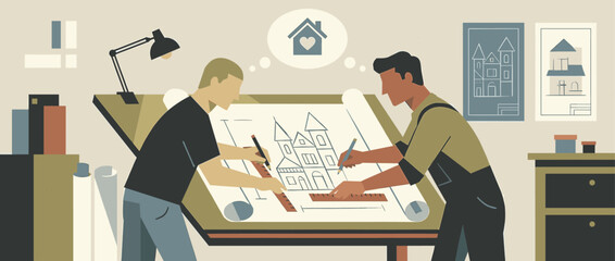 Two male architects collaborating on a house blueprint at a drafting table, working together on a new home construction project in a modern flat graphic illustration style